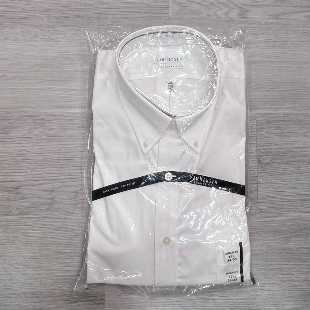 Van Heusen Mens White Regular Fit Pinpoint Dress Shirt 17.5 34/35 20F7193100 NEW
